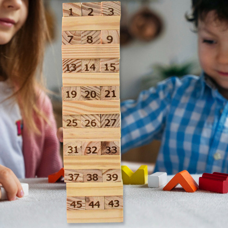 Wooden Tumbling Stacking Tower Game, Zenga tower (48 Pcs Blocks 2 Dices)