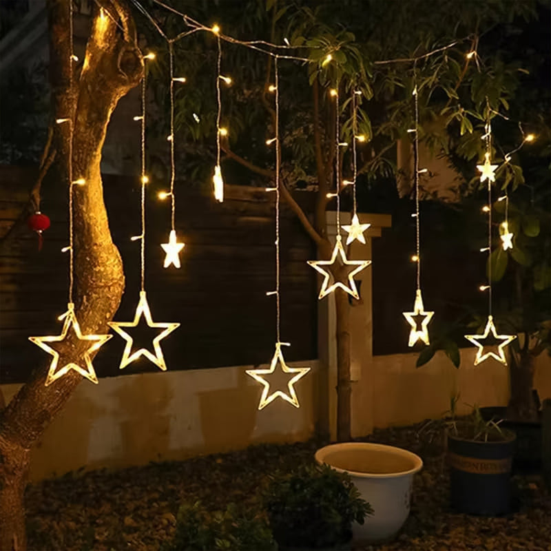 12 Stars LED Curtain String Lights with 8 Flashing Modes for Home Decoration, Diwali & Wedding LED Christmas Light Indoor and Outdoor Light ,Festival Decoration  (Warm White / With Box)