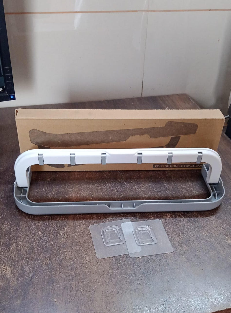 Wall-Mounted Double Bar Towel Holder with Hooks & Adjustable Folding Shelf