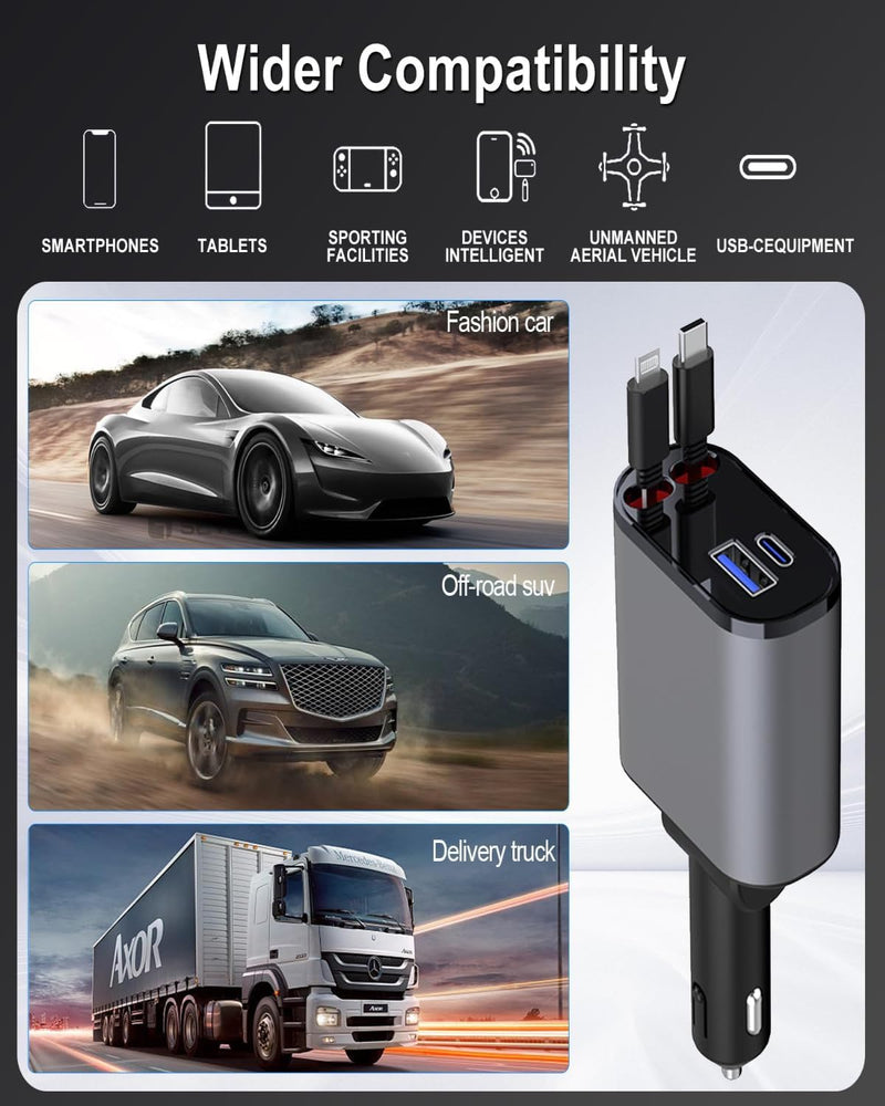 Retractable Car Charger | 4 in 1 Car Charger |  4 in 1 Super Fast Charge Car Phone Charger |
