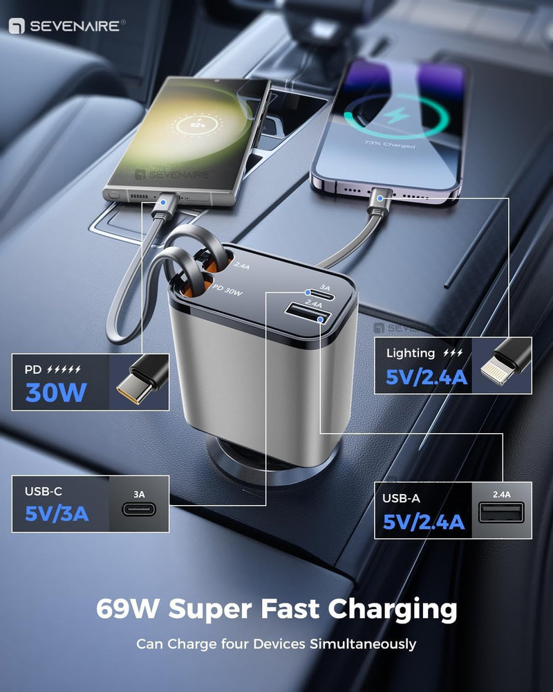 Retractable Car Charger | 4 in 1 Car Charger |  4 in 1 Super Fast Charge Car Phone Charger |